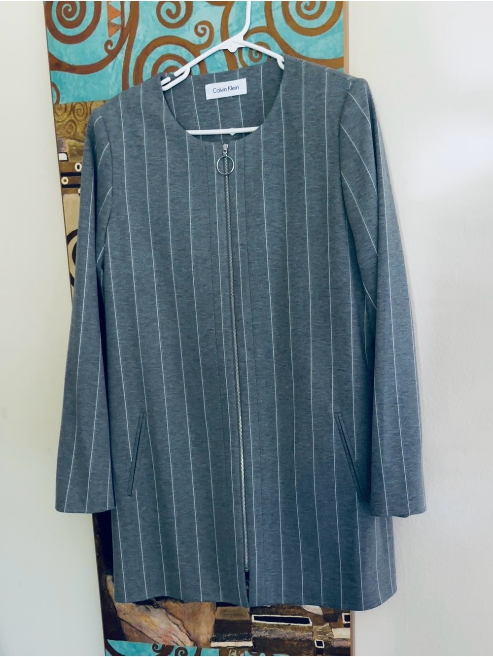 Calvin Klein Charcoal Gray Pinstripe Zip-Front Long Sleeve Jacket